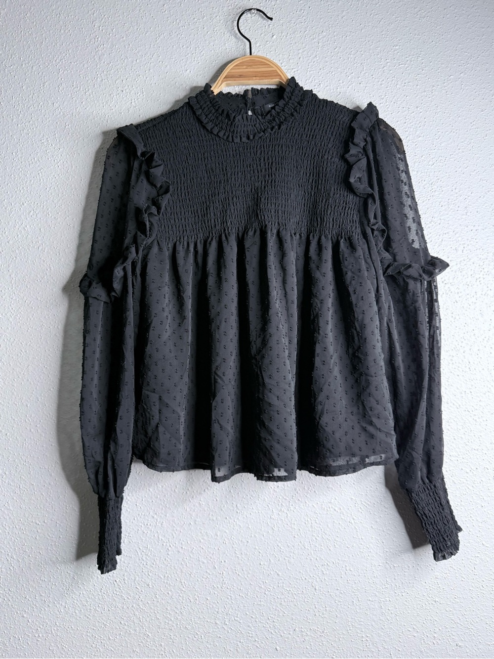 Romeo & Juliet Couture Black Ruffled Swiss Dot Blouse